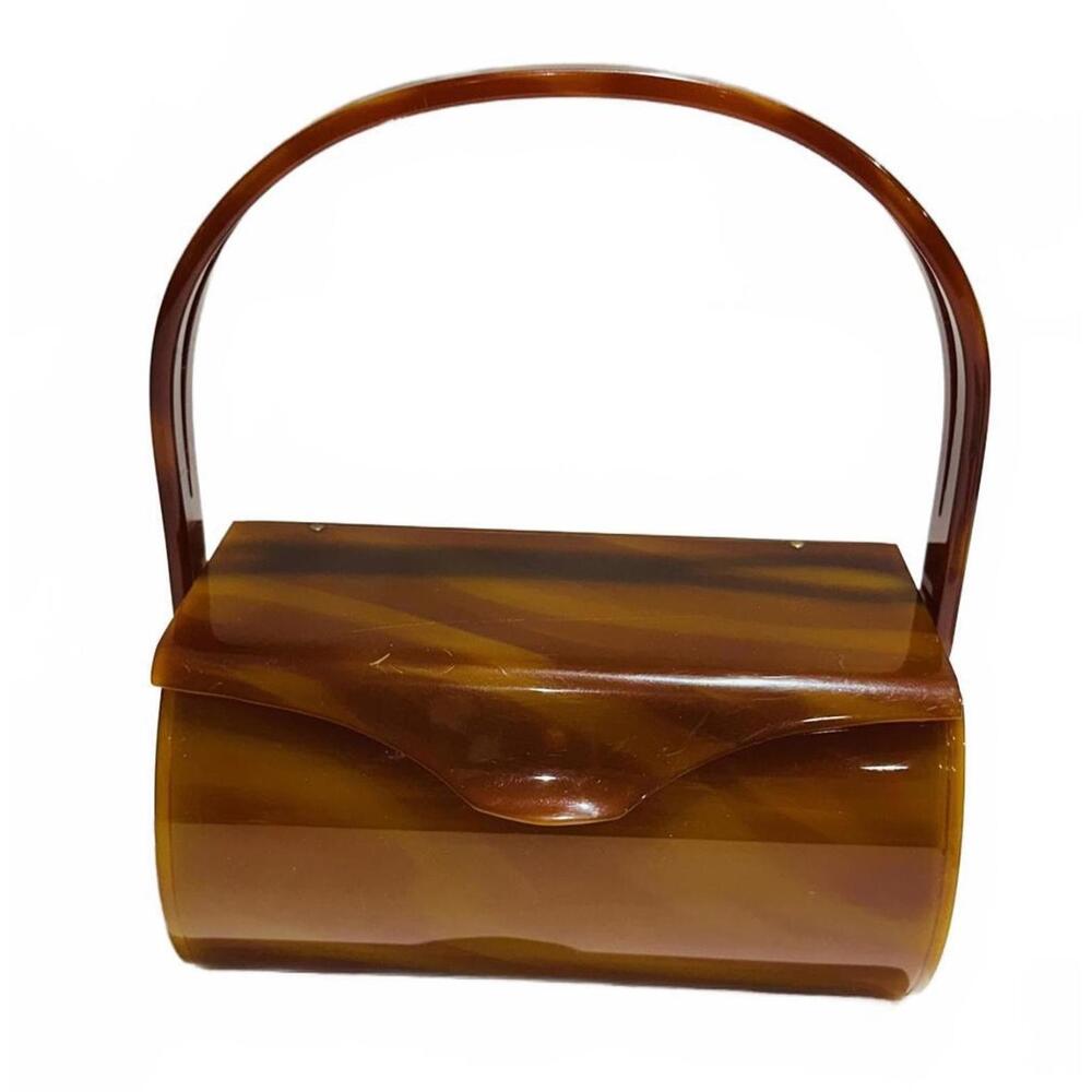 Vintage 50's Wilardy Handbag Marbled Tortoiseshell Lucite w Mirror Curved Handle